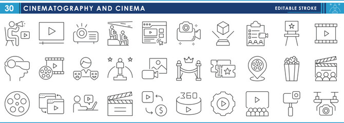 A set of line icons related to Cinematography and Cinema. Video, click, produce, actor, release, projector, movie, VIP, award, and so on. Vector editable stroke.