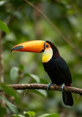 A stunning toco toucan with its iconic orange beak, resting gracefully on a tree branch in the jungle.