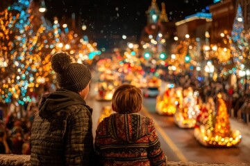 Two children watch a festive Christmas parade with brightly illuminated floats, decorated buildings, and falling snow, creating a magical holiday atmosphere in the city at night.