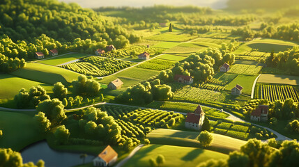 Fototapeta premium Aerial view of a lush green valley with small houses and trees.