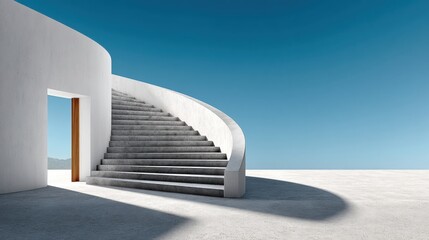 Modern Minimalist Architecture: Concrete Staircase Curve with Long Shadows on White Wall