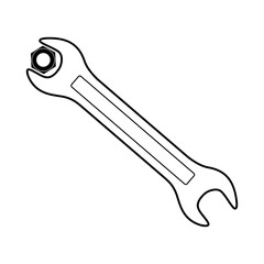 Wrench with Hex Nut Outline Vector Illustration. This black and white vector illustration features a line drawing of a classic wrench holding a hexagonal nut.