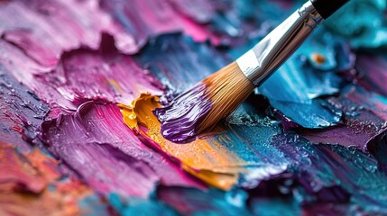 Fototapeta premium Paintbrush Applying Oil Paint to a Canvas