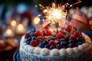Celebratory cake adorned with fresh berries, American flags, and sparkling sparklers, evokes a festive atmosphere of Independence Day and patriotic celebration.
