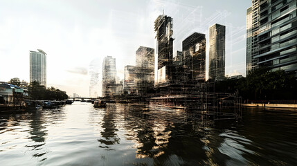 Obraz premium Modern skyscrapers reflected in a river under a cloudy sky.