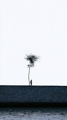 Solitary Observer: a lone figure standing on a rooftop, in contemplation under a lone tree. This image captures a moment of peace and reflection.&ndash; Generative AI