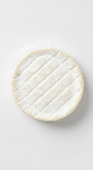 A round wheel of soft, creamy cheese with a white rind on a white background.