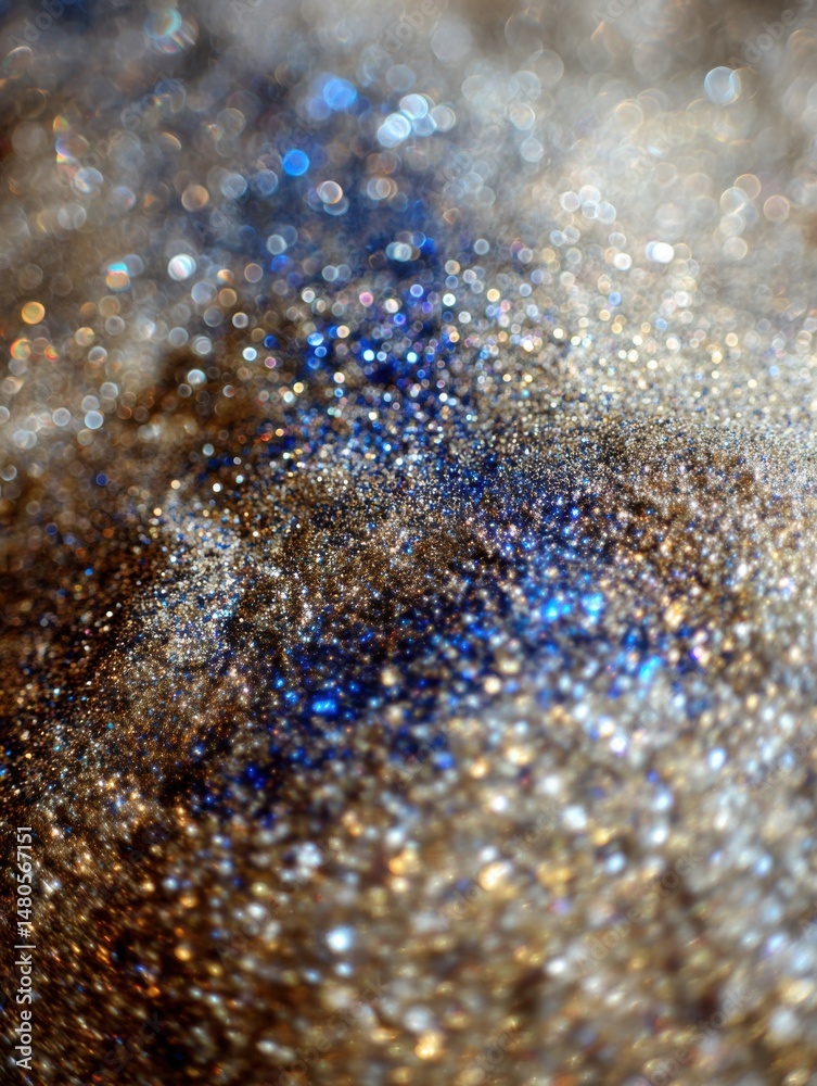 Wall mural abstract glitter texture background with bokeh lights and blue and gold sparkles close up macro shot
