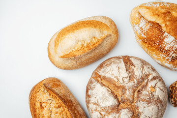 Variety of artisan bread loaves arranged on a light background