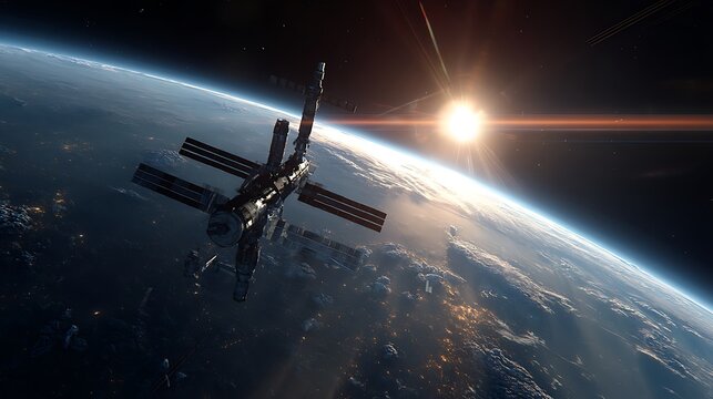 Space station orbiting Earth at sunrise