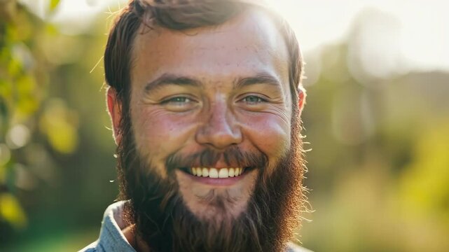 Portrait of smiling bearded man in outdoors with natural light, Caucasian ethnicity, age group 30-40
