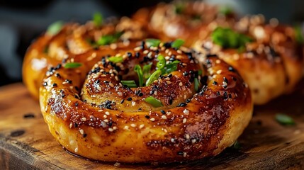Sesame and Herb-Topped Spiral Bread on a Wooden Board