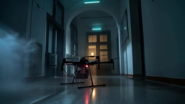 A drone positioned in the corner of a large room strategically releasing hydrogen peroxide fog that gently settles on surfaces accentuating the serene and sterile ambiance created by