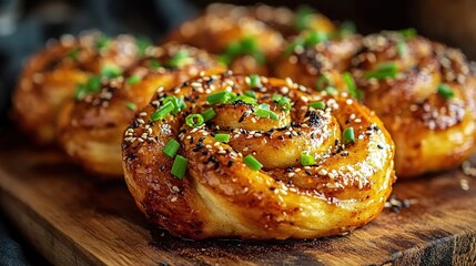 Sesame and Green Onion Swirl Buns on a Wooden Board