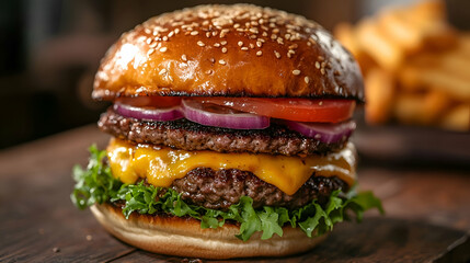 Close-up view of a delicious double cheeseburger with french fries.