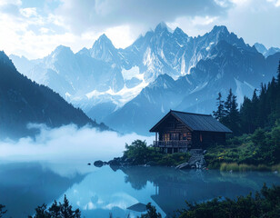 Fototapeta premium Simple Cabin in the Mountains on a lake in shades of Blue