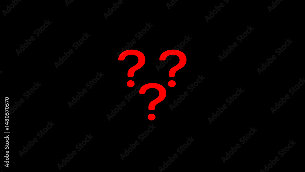 Poster three red question marks form a shape against a black backdrop representing uncertainty decisions in