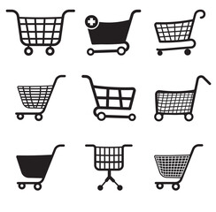 This set features various shopping cart icons symbols of online commerce and retail purchase often used in web design to represent the act of buying and adding items to a virtual basket for market t