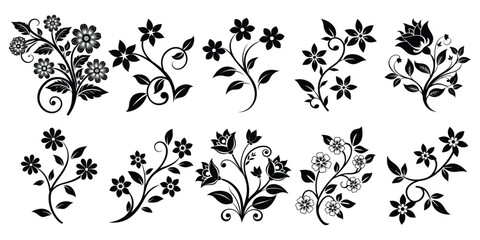 Set of black silhouettes of flowers