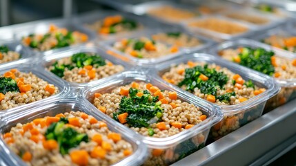 Rows of prepared meals in clear plastic containers, featuring grains, carrots, and broccoli.
