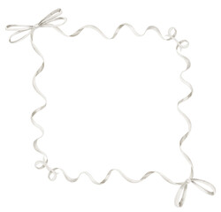 Watercolor illustration of Template with white ribbon frame and bows. Drawing of Border in pastel soft colors for birth announcements, baby shower invitations and wedding greeting cards.