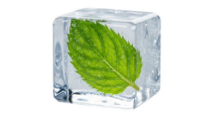 Ice cube with green mint leaf frozen inside, isolated on white