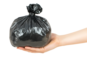 Hand Holding a Full Black Plastic Garbage Bag Against White Background
