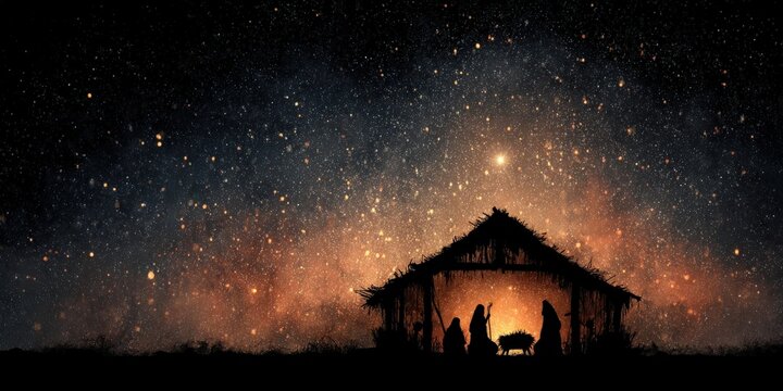 Mystical Night's Embrace: A captivating image portraying the nativity scene, bathed in the serene glow of a star-studded night, symbolizing the arrival of peace.Ai image - Powered by Adobe