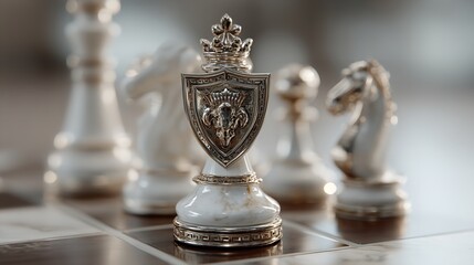 White and Silver Chess Pieces with Shield on Top, Blurred Background and Focused Piece