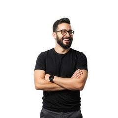 Smiling man with glasses and arms crossed isolated on transparent background