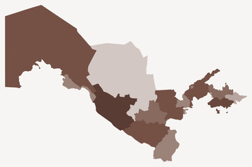 Fototapeta premium Map of Uzbekistan with regions. Just a simple country border map with region division. Brown color palette. Flat Uzbekistan shape with administrative division. Vector illustration.