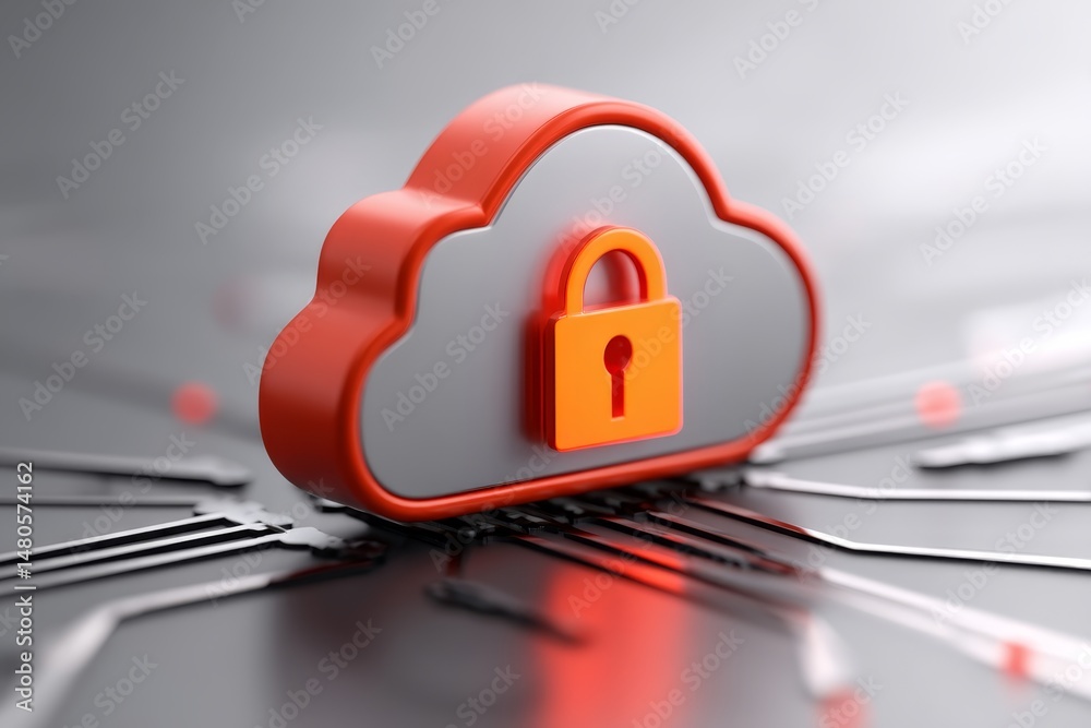Poster secure cloud storage solution - red cloud icon with a padlock, symbolizing secure data storage and o