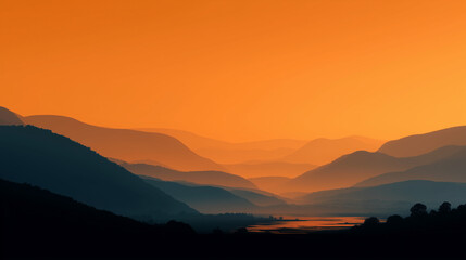 Fototapeta premium Stunning sunset over layered mountains and valleys near a tranquil river