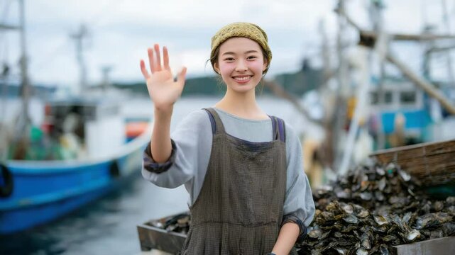 漁港で笑顔で手を振る日本人女性作業員