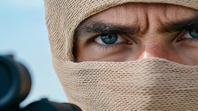 Close-Up of Armed Men Aiming with Intense Eye Contact