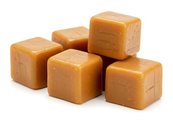 A stack of six caramel candies on a white background