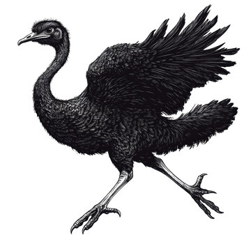 Majestic Moa in Flight Intricate Engraving Black White Isolated on Black on transparent background