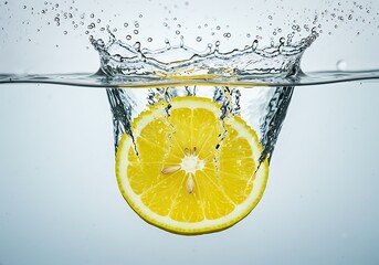 A lemon slice splashing into clear water creating waves