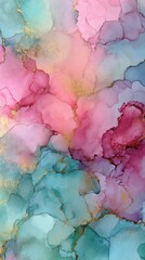 Fototapeta premium Abstract Alcohol Ink Art Blending Pink Teal and Gold Creating a Dreamy Watercolor Effect Close Up Shot