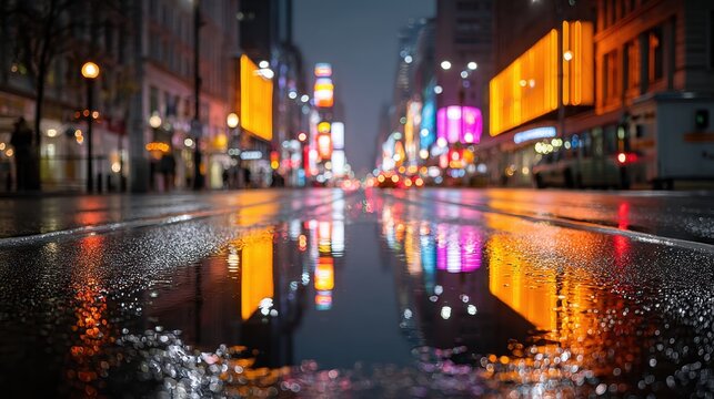 Urban Neon Reflections: City Street Lights Mirrored in Puddle on Rainy Night
