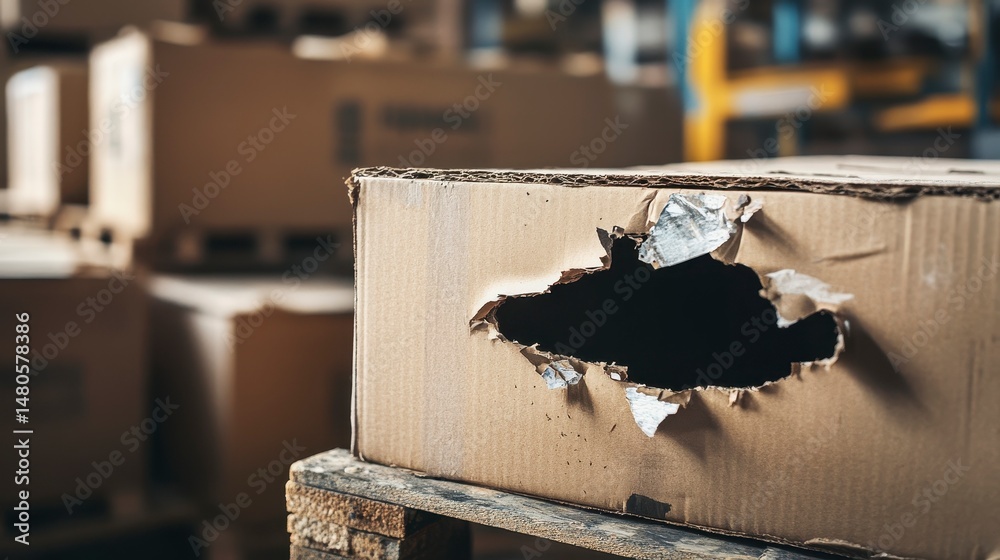 Poster damaged cardboard box with a large hole in a warehouse. (1)