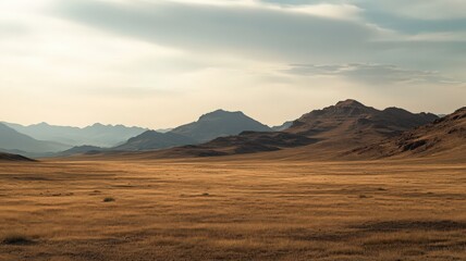 Expansive Desert Landscape with Rolling Hills Under a Soft Sky