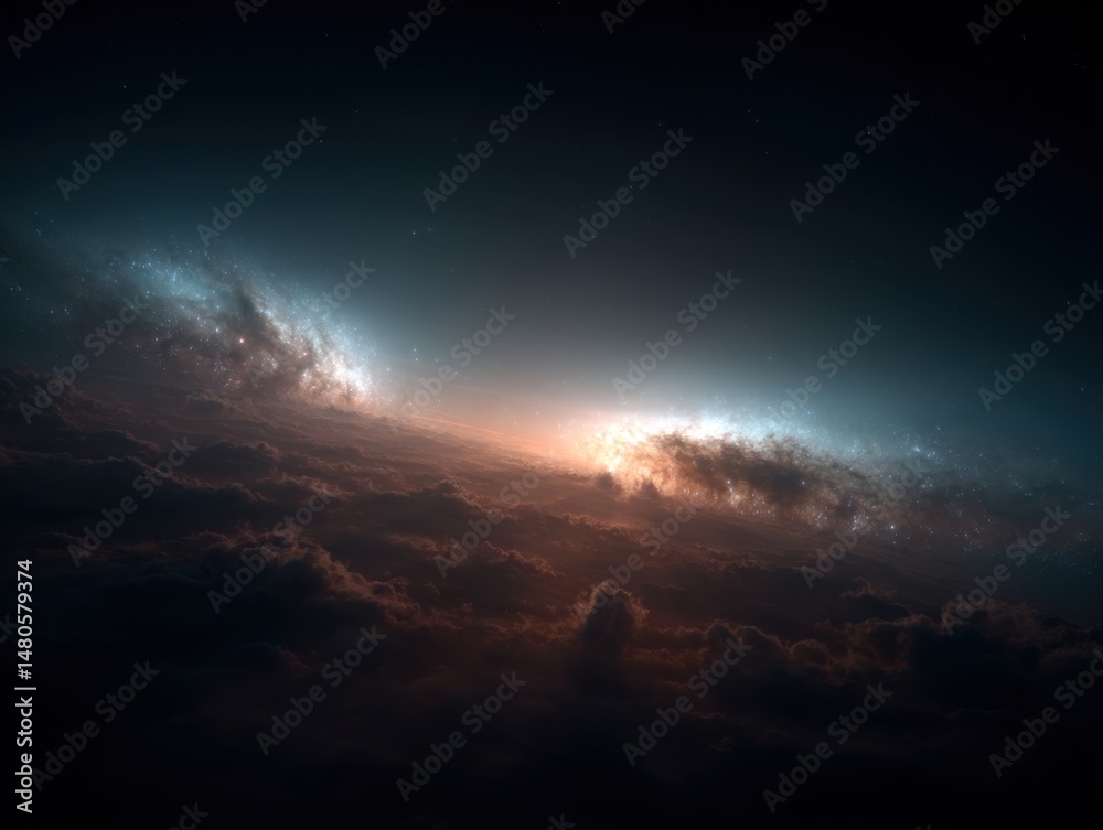 Wall mural dramatic view of a galaxy rising above a cloudscape from space perspective with gradient colors and 