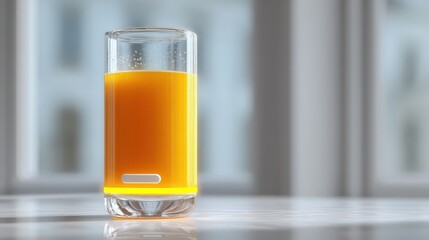 Vibrant glass of freshly squeezed orange juice with light-up indicator and bright colorful background