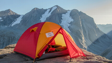 Tourist bivouac in the mountains with a tent in the foreground generative artificial insemination  © Kasper