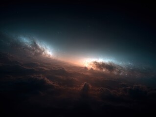 Fototapeta premium Dramatic view of a galaxy rising above a cloudscape from space perspective with gradient colors and ethereal light