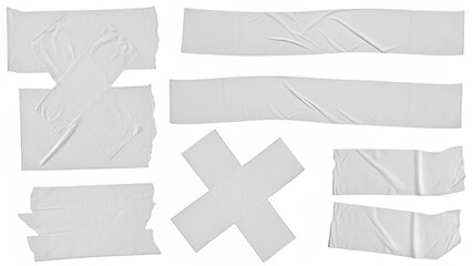 Different adhesive cloth tape pieces in various shapes are arranged on a white background