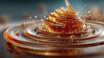 Dynamic liquid splashing into a glass from a honey extraction process with a spinning centrifuge for refreshing beverage