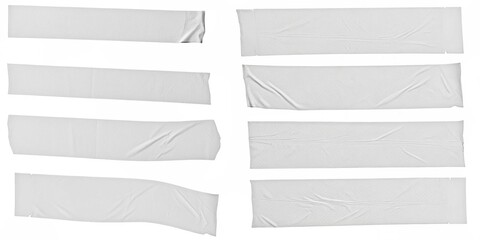Eight rectangular pieces of white masking tape are arranged on a clean white background