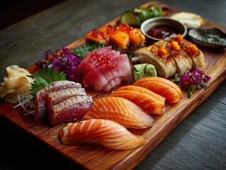 Sushi and Sashimi Platter Close-Up on Wooden Board with Tuna Salmon and Rolls Japanese Cuisine Food Photography